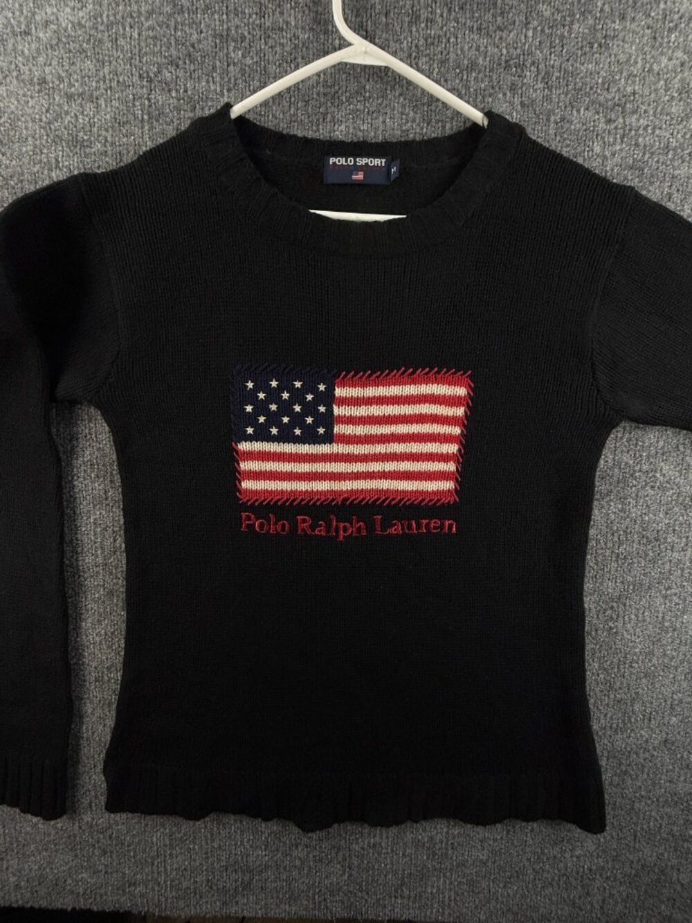 Ralph Lauren Polo Sport USA Flag Crew Neck Medium Wool Black Sweater Women Knit